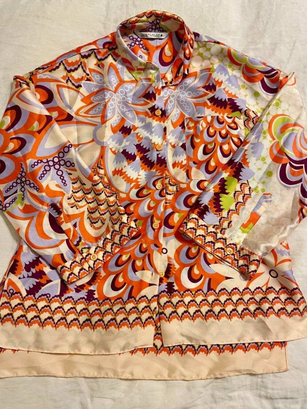 Zara Silky Satin Button Up Top Vibrant Retro Paisley Geometric Floral Shirt